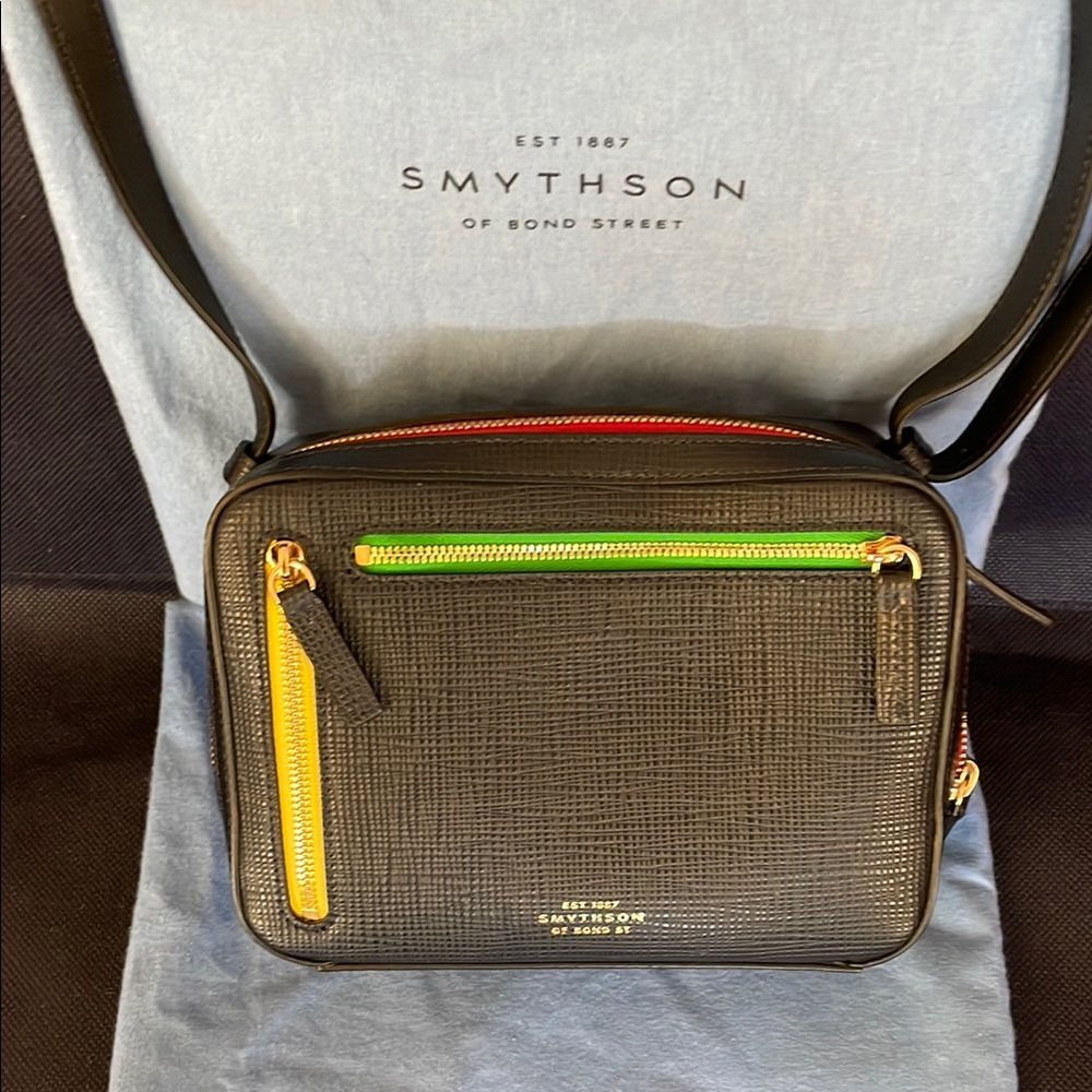 Smythson Camera Bag, Black Leather with Colorful Zippers